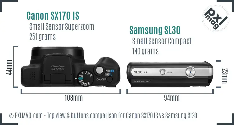 Canon SX170 IS vs Samsung SL30 top view buttons comparison Canon SX170 IS vs Samsung SL30 top view buttons comparison