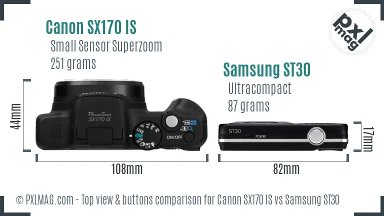 Canon SX170 IS vs Samsung ST30 top view buttons comparison