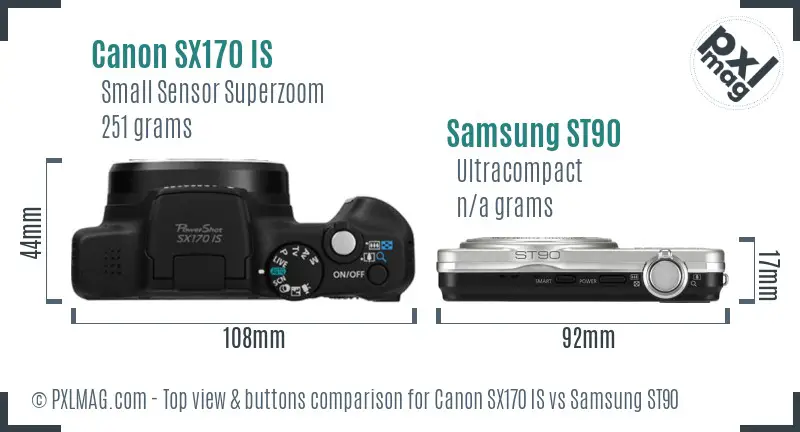 Canon SX170 IS vs Samsung ST90 top view buttons comparison Canon SX170 IS vs Samsung ST90 top view buttons comparison