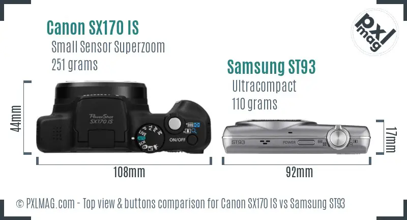 Top view design and control layout comparison of Canon SX170 IS and Samsung ST93