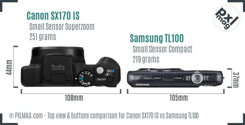 Canon SX170 IS vs Samsung TL100 top view buttons comparison