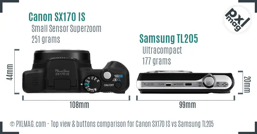 Canon SX170 IS vs Samsung TL205 top view buttons comparison