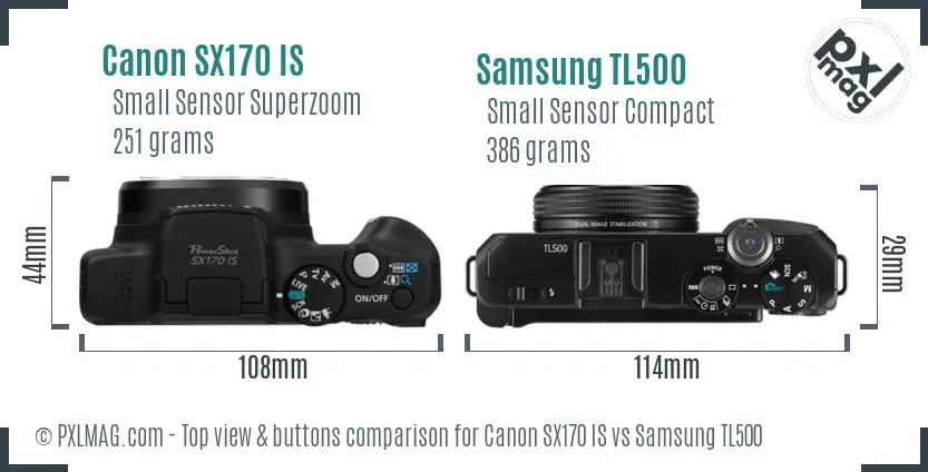 Canon SX170 IS vs Samsung TL500 top view buttons comparison