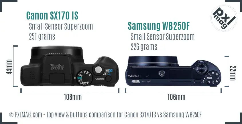 Canon SX170 IS vs Samsung WB250F top view buttons comparison Canon SX170 IS vs Samsung WB250F top view buttons comparison