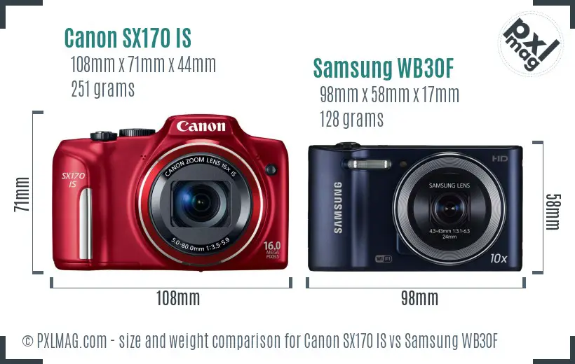 Canon SX170 IS vs Samsung WB30F size comparison