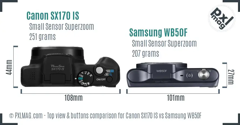 Canon SX170 IS vs Samsung WB50F top view buttons comparison