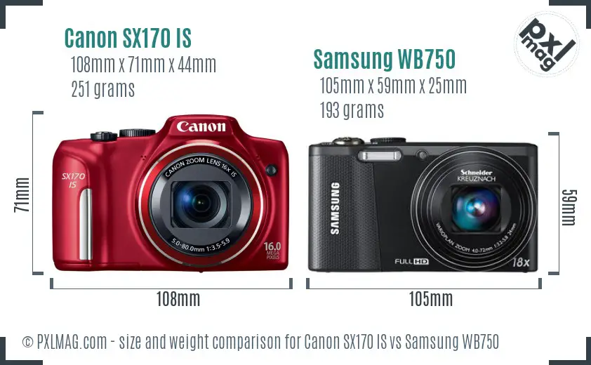Canon SX170 IS vs Samsung WB750 size comparison