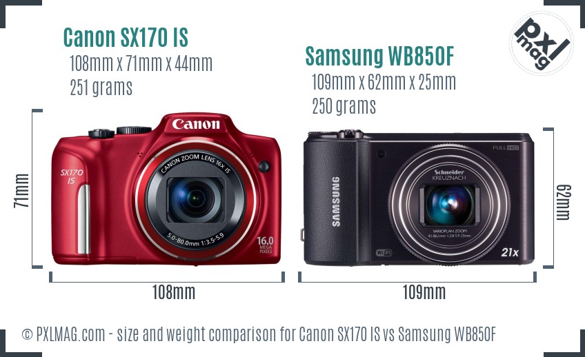 Canon SX170 IS vs Samsung WB850F size comparison