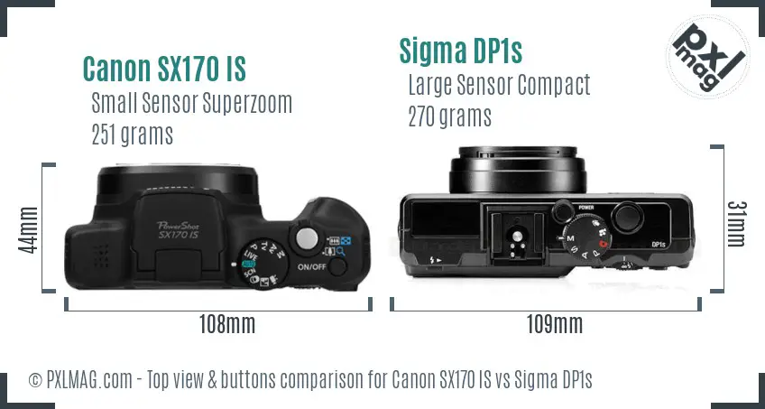 Canon SX170 IS vs Sigma DP1s top view buttons comparison Canon SX170 IS vs Sigma DP1s top view buttons comparison