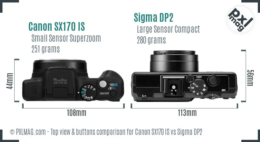 Canon SX170 IS vs Sigma DP2 top view buttons comparison Canon SX170 IS vs Sigma DP2 top view buttons comparison