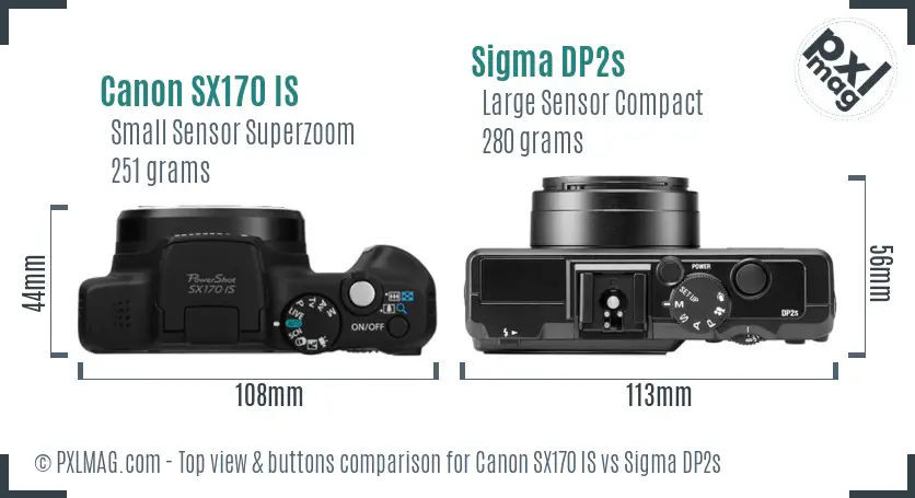 Canon SX170 IS vs Sigma DP2s top view buttons comparison Canon SX170 IS vs Sigma DP2s top view buttons comparison