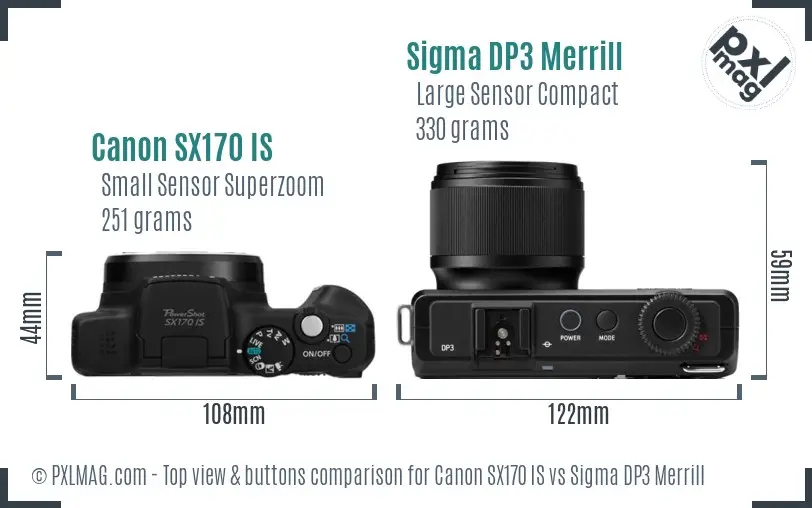 Canon SX170 IS vs Sigma DP3 Merrill top view buttons comparison