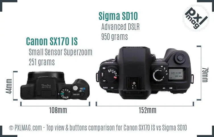 Canon SX170 IS vs Sigma SD10 top view buttons comparison Canon SX170 IS vs Sigma SD10 top view buttons comparison
