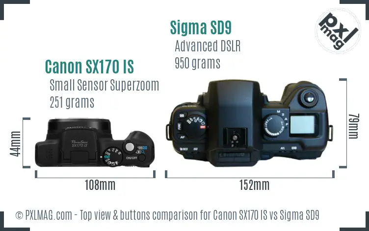 Canon SX170 IS vs Sigma SD9 top view buttons comparison Canon SX170 IS vs Sigma SD9 top view buttons comparison