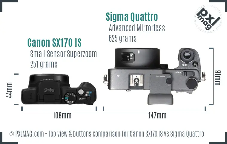 Canon SX170 IS vs Sigma Quattro top view buttons comparison Canon SX170 IS vs Sigma Quattro top view buttons comparison