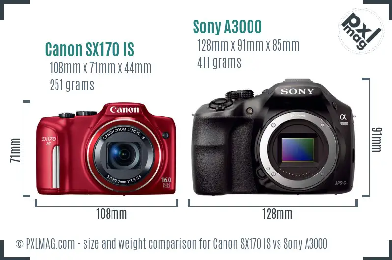 Canon SX170 IS vs Sony A3000 size comparison