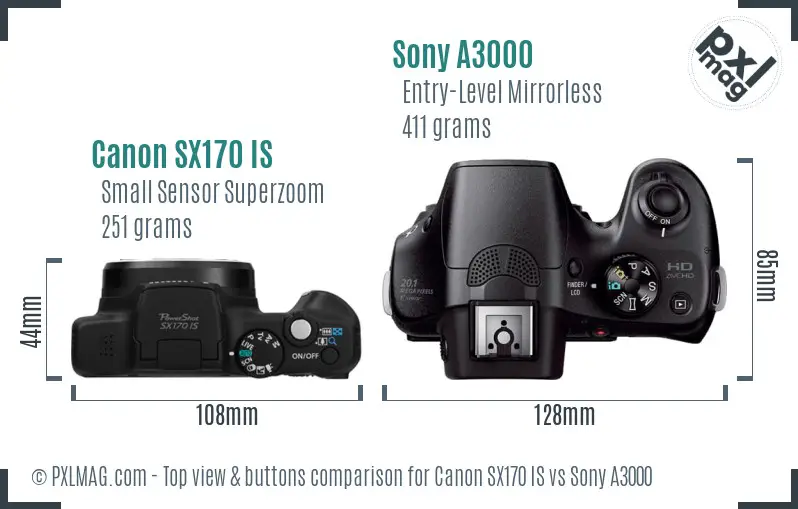 Canon SX170 IS vs Sony A3000 top view buttons comparison