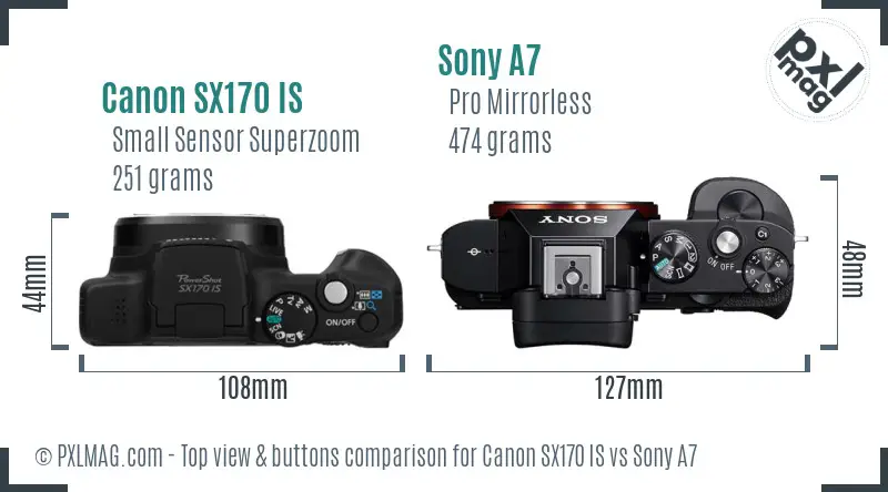 Canon SX170 IS vs Sony A7 top view buttons comparison Canon SX170 IS vs Sony A7 top view buttons comparison