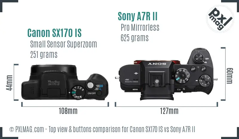 Canon SX170 IS vs Sony A7R II top view buttons comparison Canon SX170 IS vs Sony A7R II top view buttons comparison
