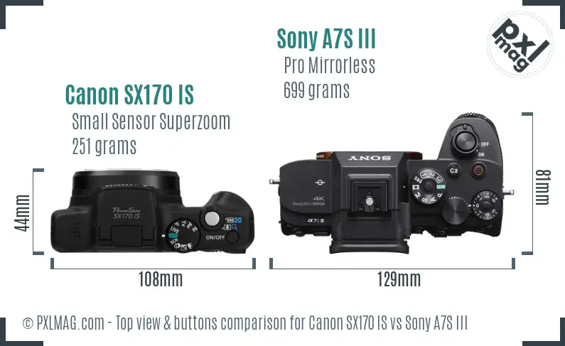 Canon SX170 IS vs Sony A7S III top view buttons comparison Canon SX170 IS vs Sony A7S III top view buttons comparison