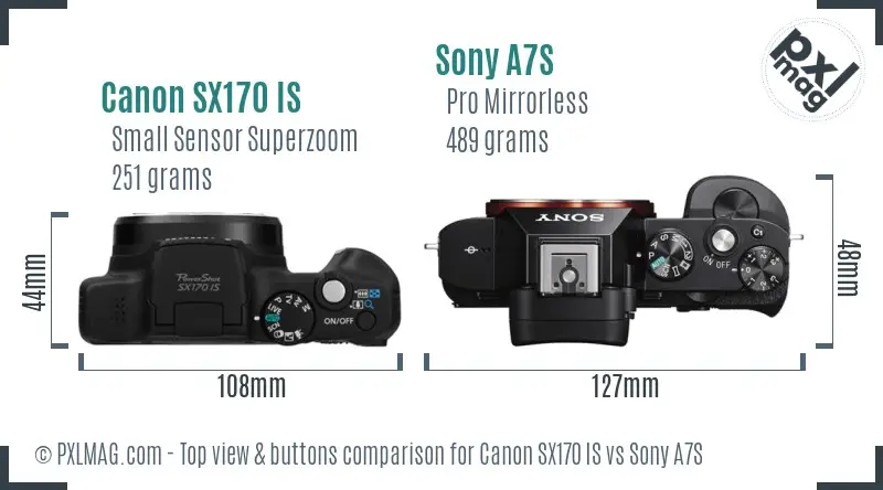 Canon SX170 IS vs Sony A7S top view buttons comparison