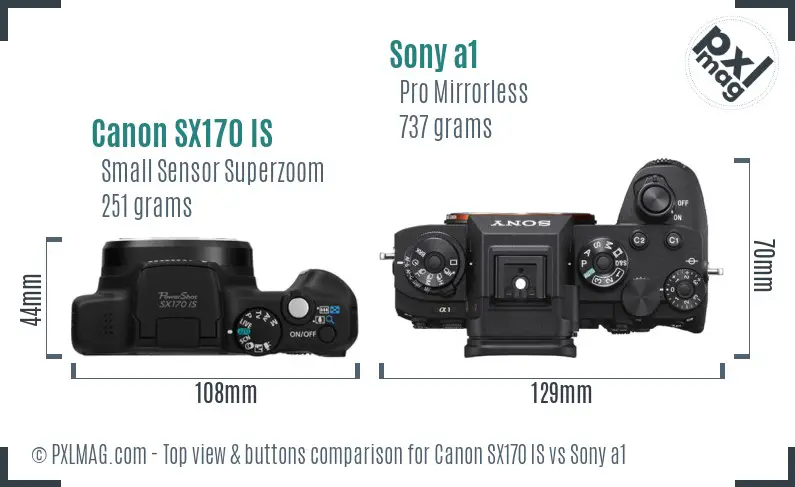 Canon SX170 IS vs Sony a1 top view buttons comparison Canon SX170 IS vs Sony a1 top view buttons comparison