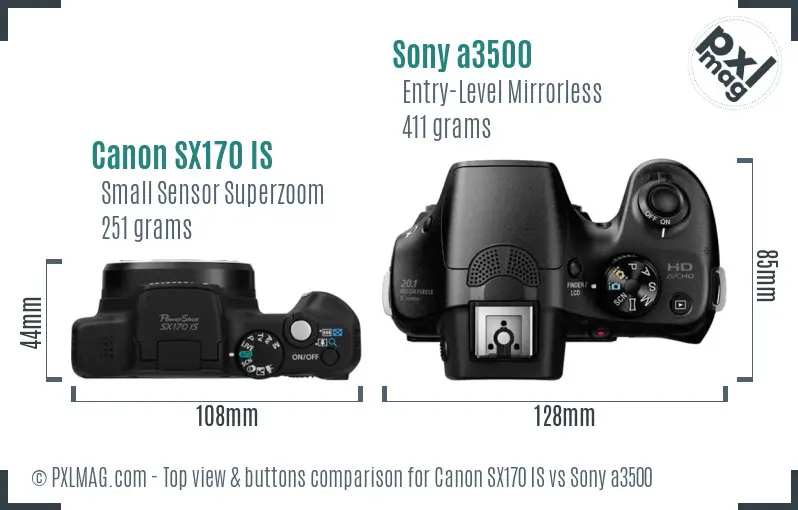 Canon SX170 IS vs Sony a3500 top view buttons comparison Canon SX170 IS vs Sony a3500 top view buttons comparison