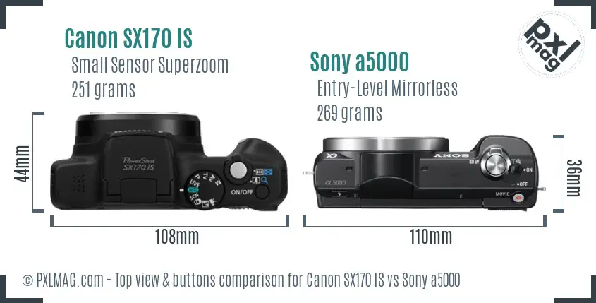 Canon SX170 IS vs Sony a5000 top view buttons comparison