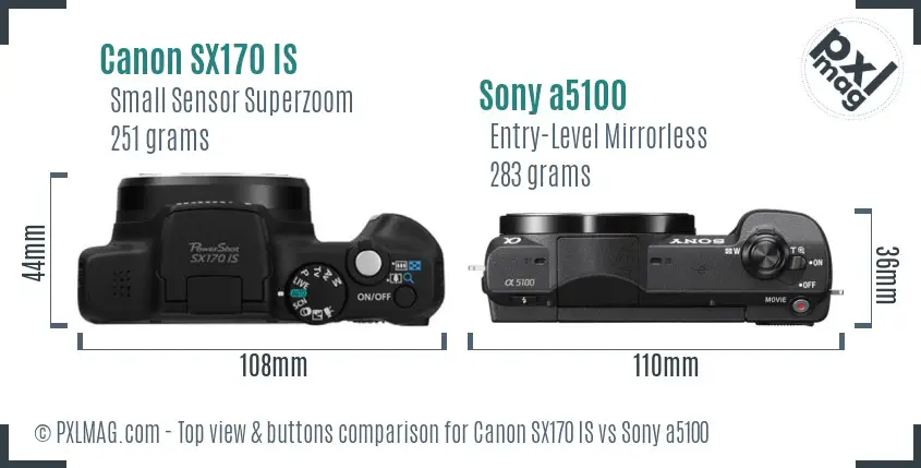 Canon SX170 IS vs Sony a5100 top view buttons comparison