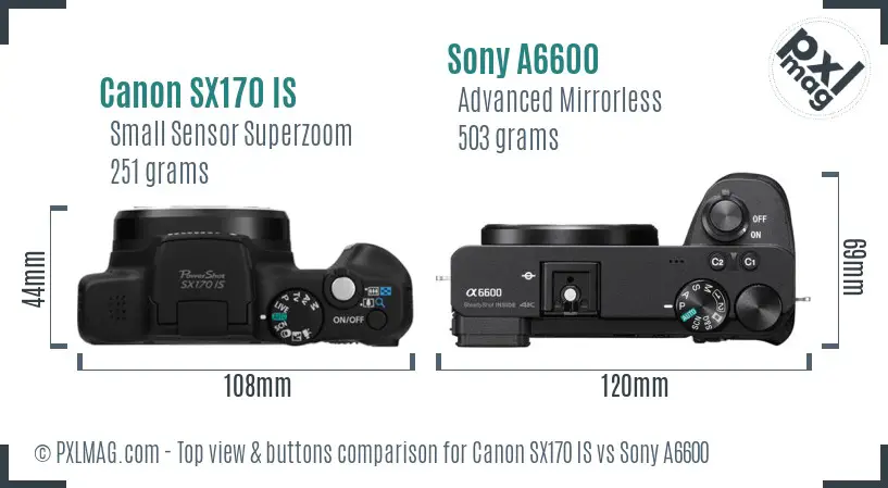 Canon SX170 IS vs Sony A6600 top view buttons comparison