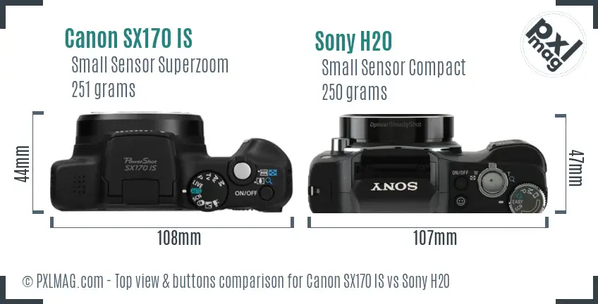 Canon SX170 IS vs Sony H20 top view buttons comparison