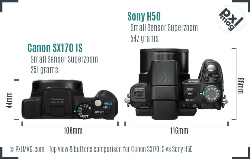 Canon SX170 IS vs Sony H50 top view buttons comparison