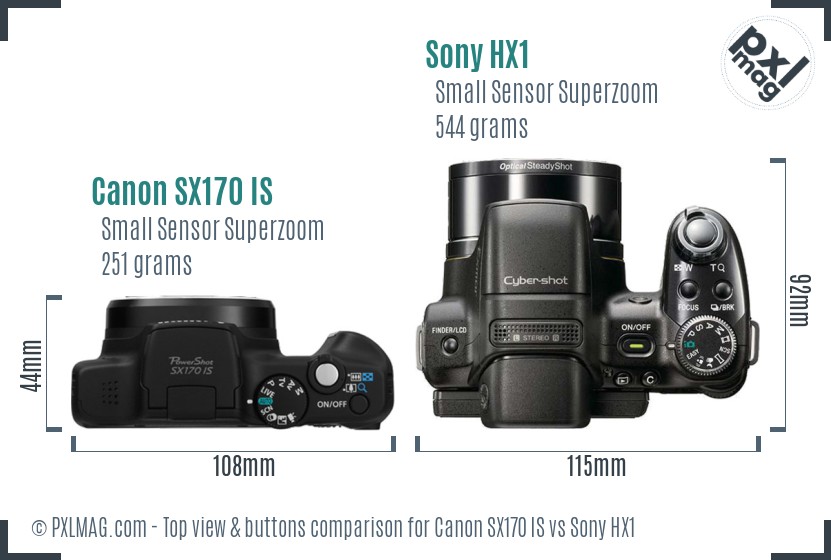 Canon SX170 IS vs Sony HX1 top view buttons comparison