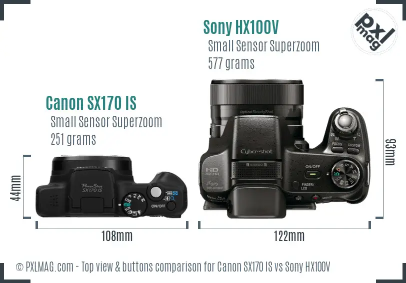 Canon SX170 IS vs Sony HX100V top view buttons comparison