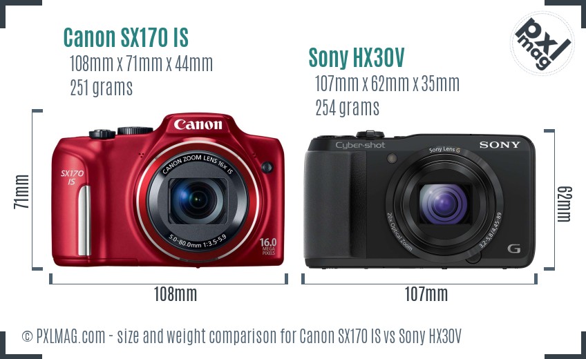 Canon SX170 IS vs Sony HX30V size comparison