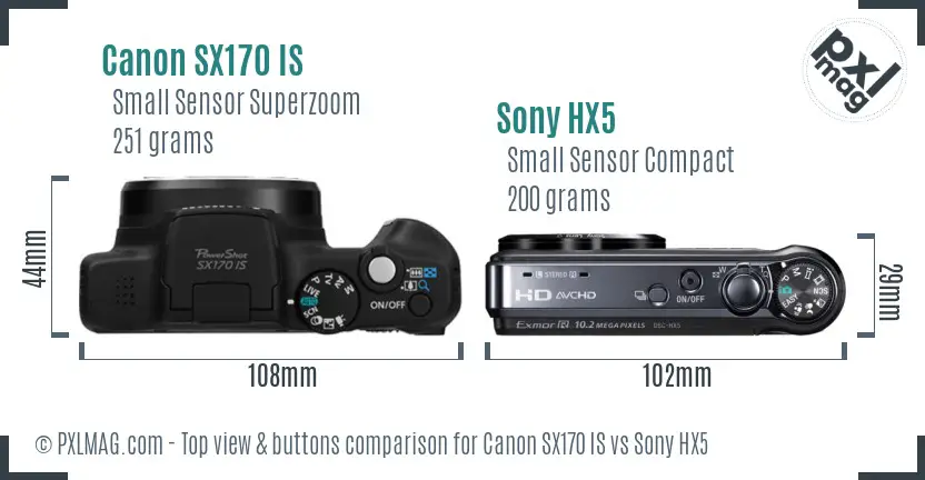 Canon SX170 IS vs Sony HX5 top view buttons comparison