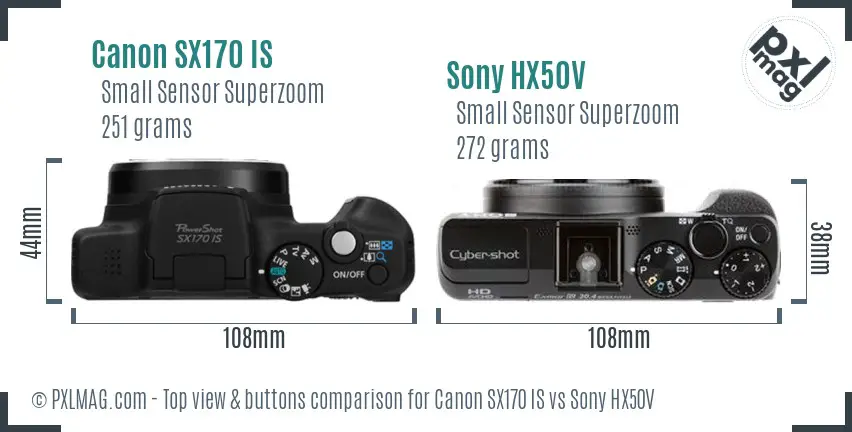 Canon SX170 IS vs Sony HX50V top view buttons comparison