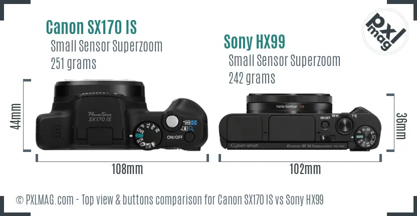 Canon SX170 IS vs Sony HX99 top view buttons comparison