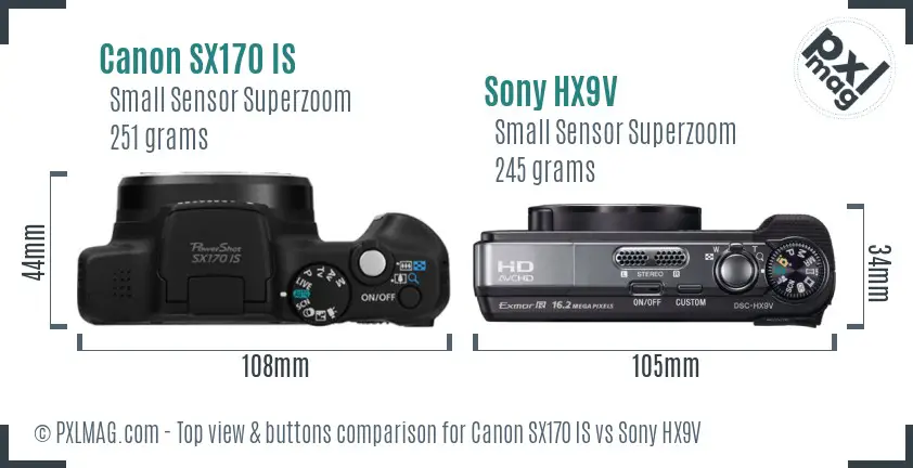 Canon SX170 IS vs Sony HX9V top view buttons comparison