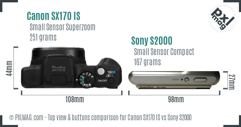 Canon SX170 IS vs Sony S2000 top view buttons comparison