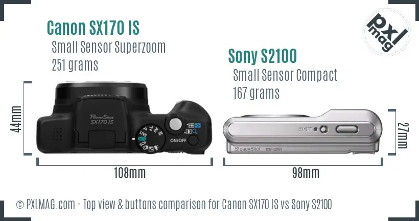 Canon SX170 IS vs Sony S2100 top view buttons comparison