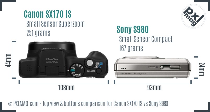 Canon SX170 IS vs Sony S980 top view buttons comparison