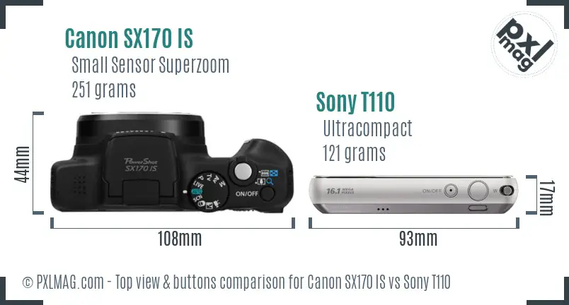 Canon SX170 IS vs Sony T110 top view buttons comparison