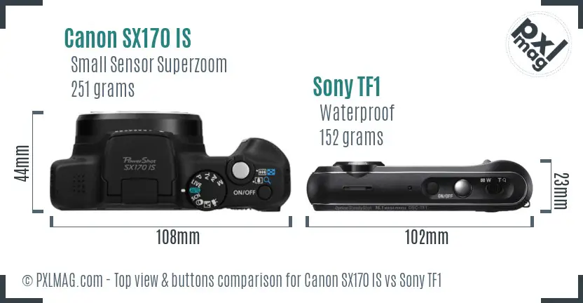 Canon SX170 IS vs Sony TF1 top view buttons comparison Canon SX170 IS vs Sony TF1 top view buttons comparison