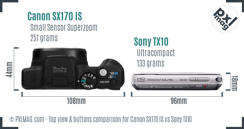 Canon SX170 IS vs Sony TX10 top view buttons comparison