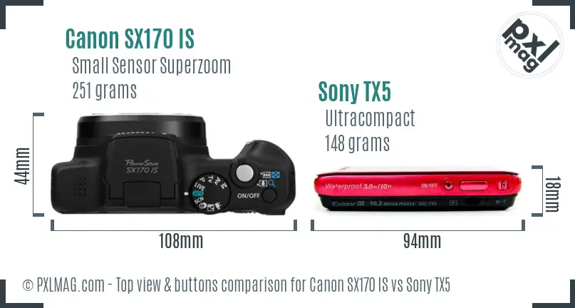 Canon SX170 IS vs Sony TX5 top view buttons comparison Canon SX170 IS vs Sony TX5 top view buttons comparison