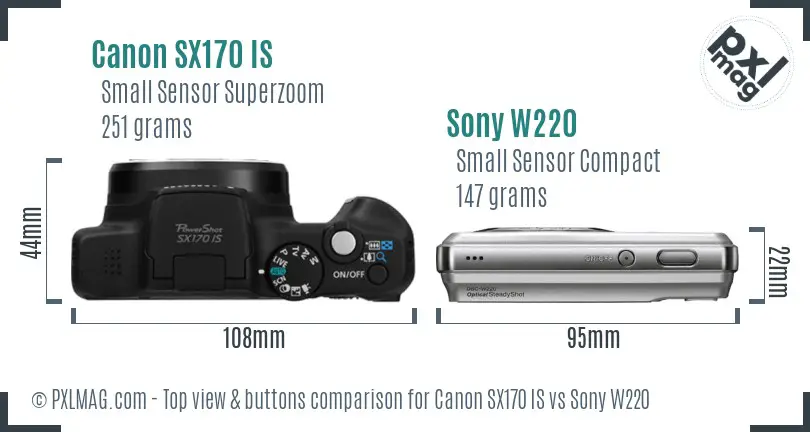 Canon SX170 IS vs Sony W220 top view buttons comparison