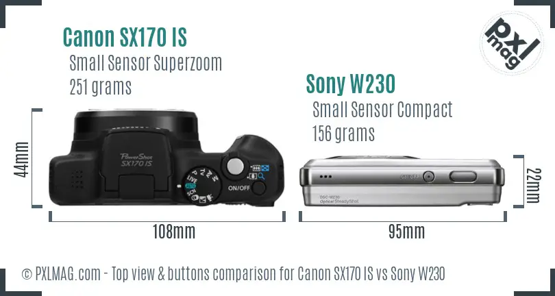 Canon SX170 IS vs Sony W230 top view buttons comparison