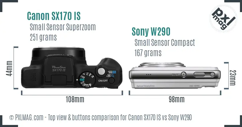 Canon SX170 IS vs Sony W290 top view buttons comparison Canon SX170 IS vs Sony W290 top view buttons comparison