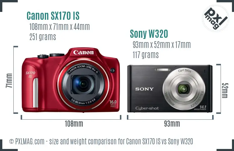 Canon SX170 IS vs Sony W320 size comparison